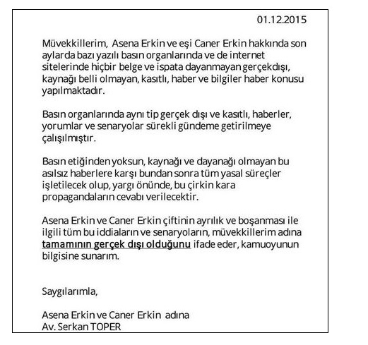 Asena ve Caner Erkin’den boşanma açıklaması