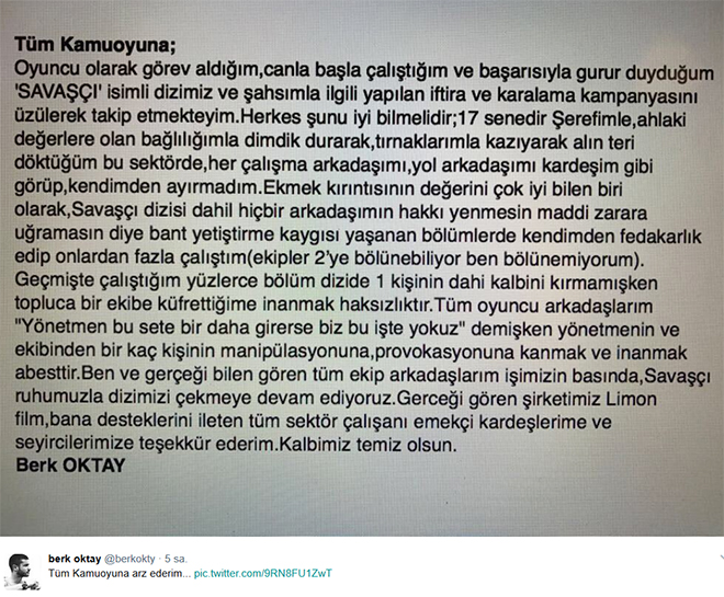 Savaşçı dizisinde Berk Oktay isyanı